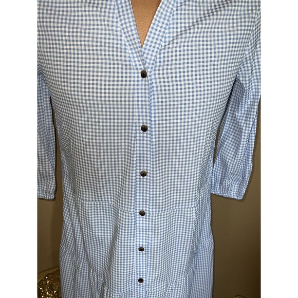 Womens Blue White Gingham 3/4 Puff Sleeve Button Up Dorothy Babydoll Dress M - Picture 3 of 10